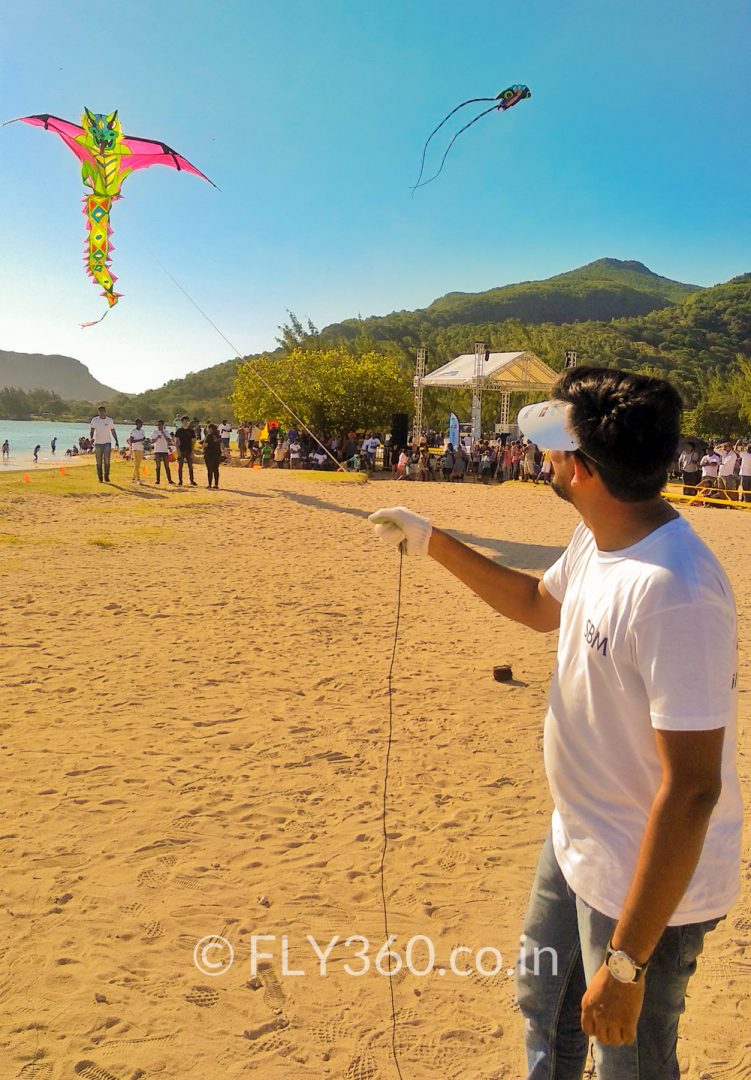 Dragon shaped kite by Fly360 flying at the Mauritius International Kite Festival