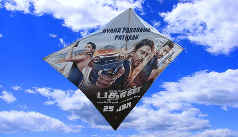 Fly360 custom design kite for Pathaan Bollywood film promotion — aerial branding for SRK movie marketing campaign India