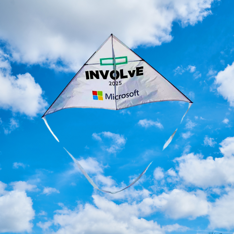 Custom branded kite designed by Fly360 for event promotion and marketing