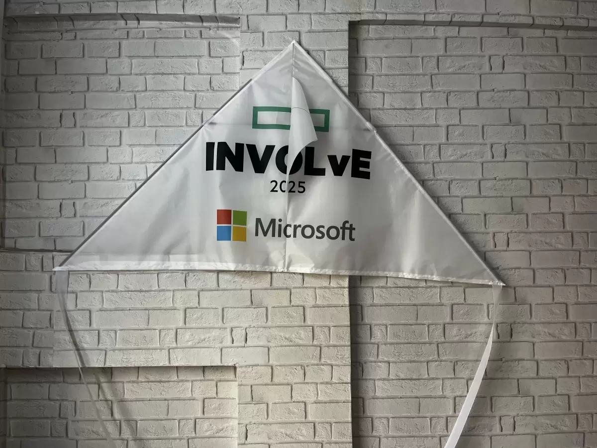 A Fly360 custom printed INVOLVE 2025 kite with Microsoft branding