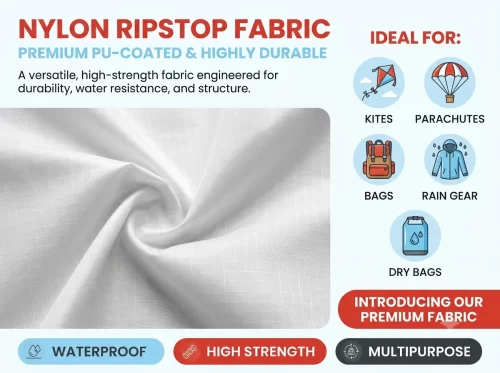 White Nylon Ripstop Fabric 40D PU Coated, 58 Inch Wide, Per Meter